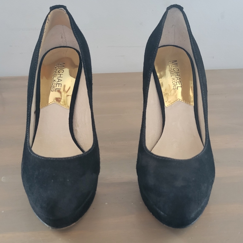 Michael Kors York Pump Womens 6.5 M Black Suede Slip On Dress Platform Heel Shoe